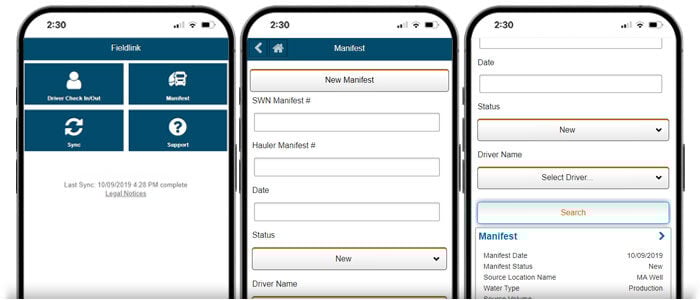 Mobile screenshots of Fieldlink app